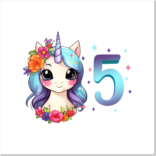 I am 5 with unicorn - girl birthday 5 years old Wall Art by Modern Medieval Design